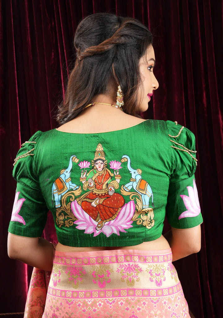 Exquisite Lakshmi Handpainted Blouse on Green Pure Raw Silk with Puff Sleeves and Crystal detailing