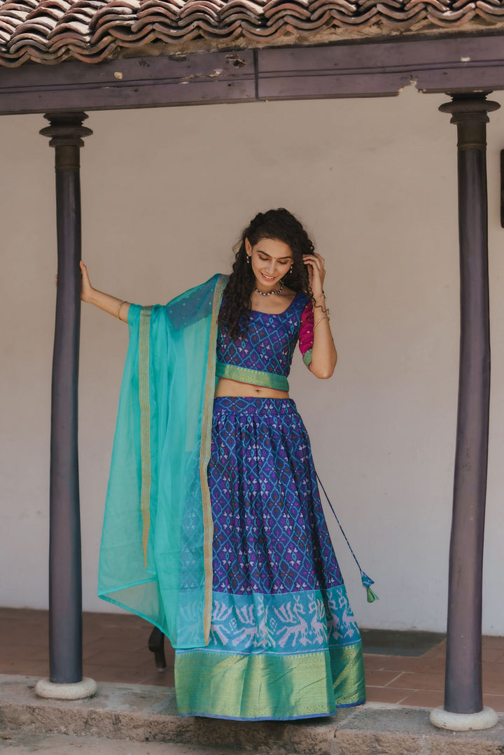Shades of Blue Ikkat Print 3 PIece Crop Top with Skirt and Dupatta Set in Art Silk | Made To Order