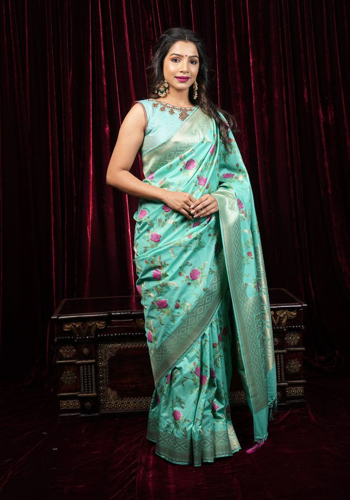 Mint Pure Raw Silk Blouse with Temple Jewelry Necklace Handwork detailing