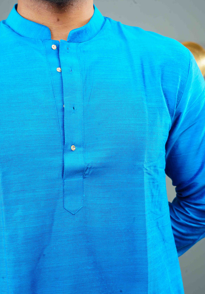 Men's Bright Blue Cotton Solid Straight Short Kurta