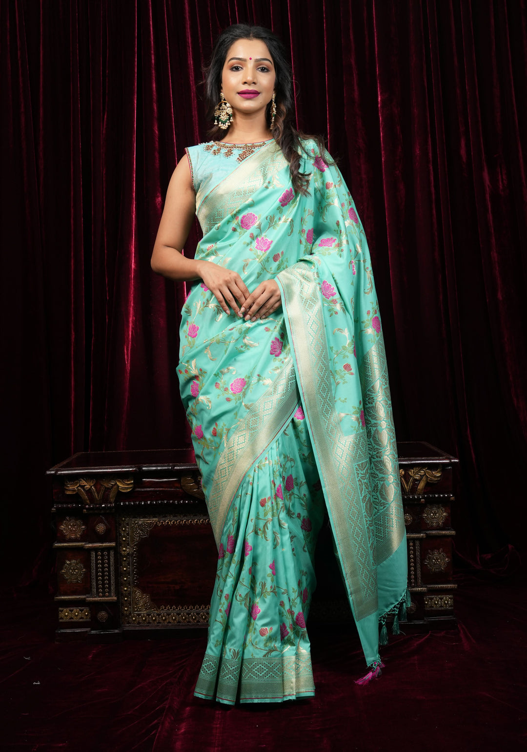 Aqua Exquisite Meenakari Rose Jaal Semi Silk Saree and zari border