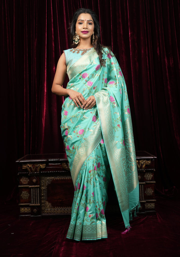 Aqua Exquisite Meenakari Rose Jaal Semi Silk Saree and zari border