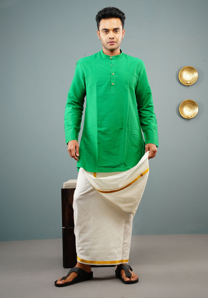 Men's Green Cotton Solid Straight Short Kurta