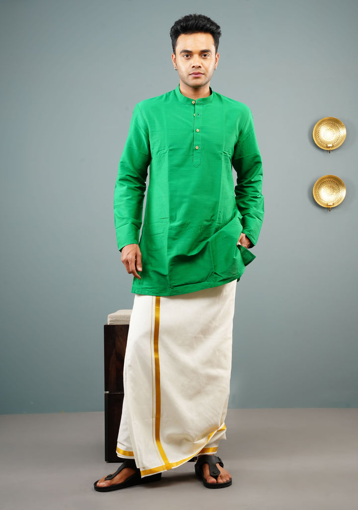 Men's Green Cotton Solid Straight Short Kurta