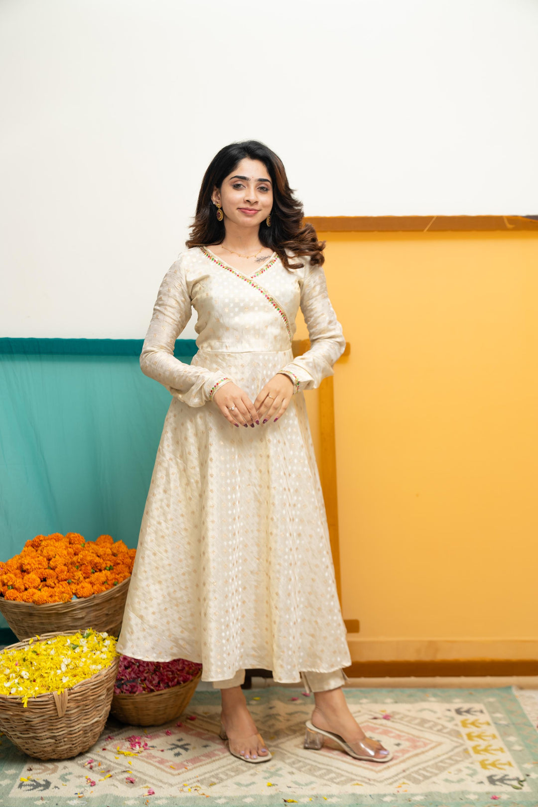 Savitha Ivory with Multi Color stripes dupatta | Shobitam Custom Gowns | Made To Order