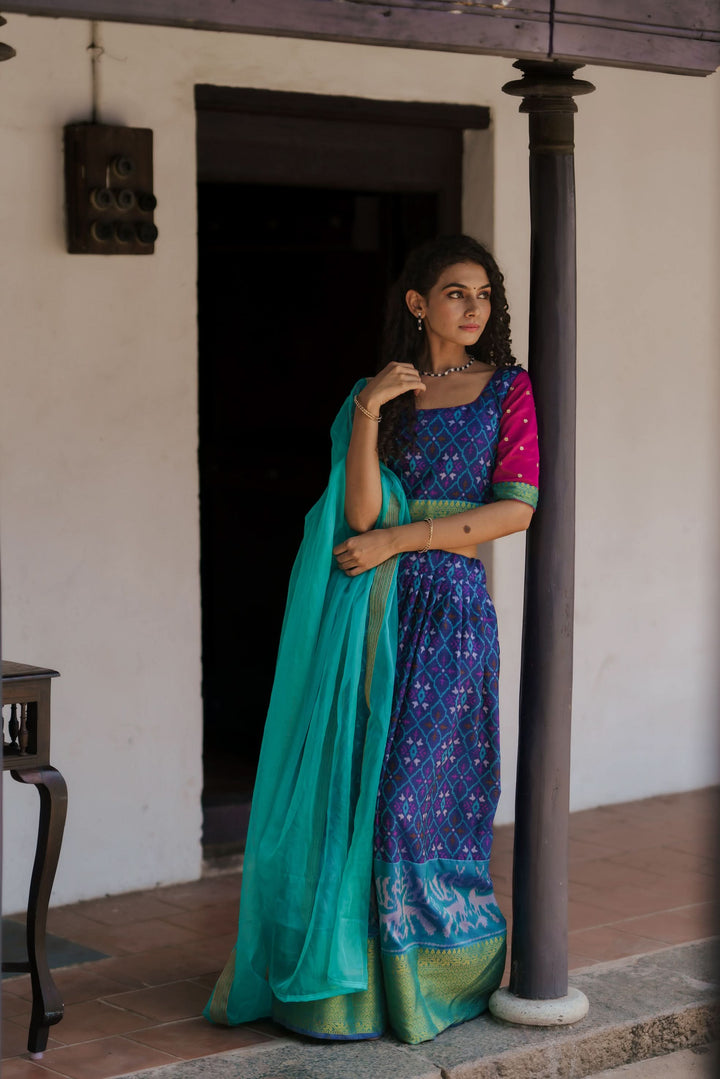 Shades of Blue Ikkat Print 3 PIece Crop Top with Skirt and Dupatta Set in Art Silk | Made To Order