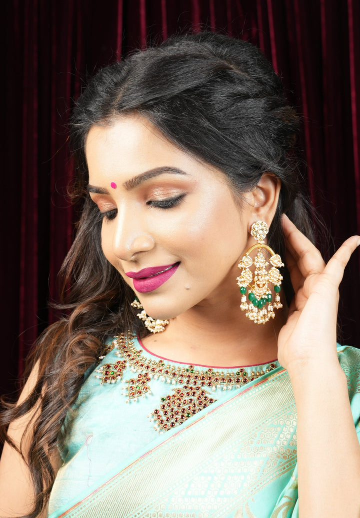 Jadau Chandbali Earrings with White Dainty Kundan stones and Green dangling beads | Shobitam Jewelry