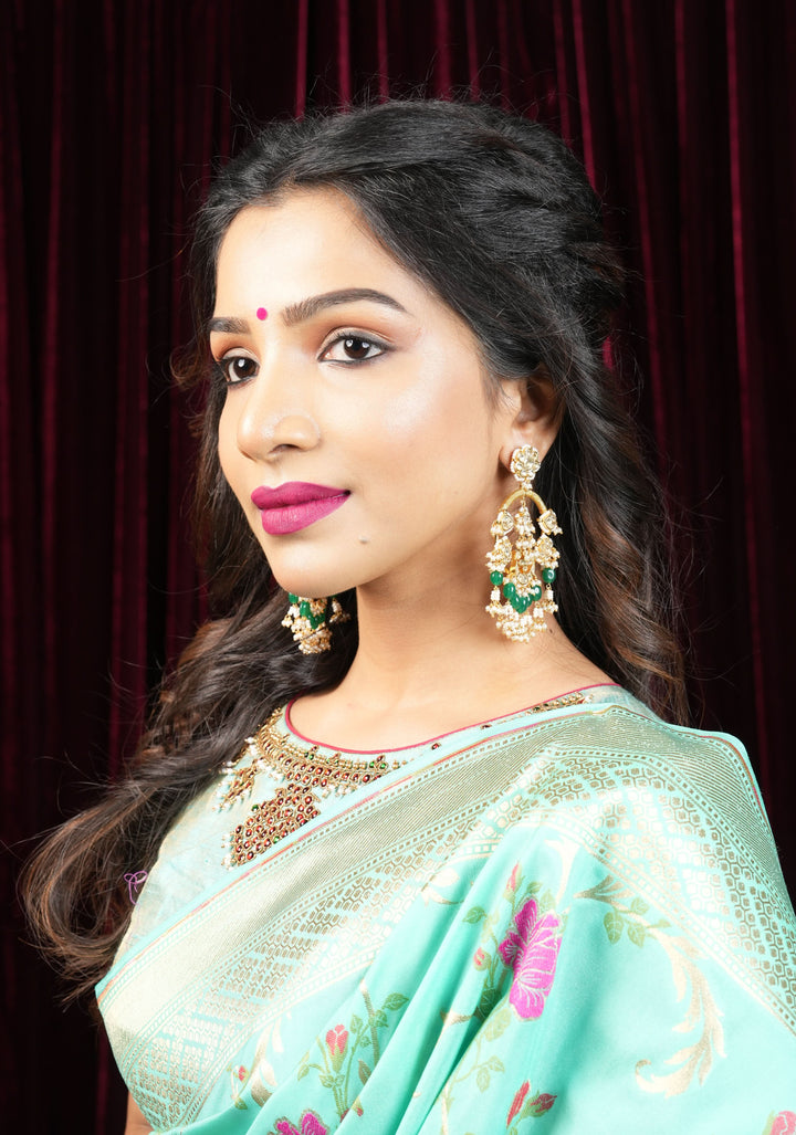 Jadau Chandbali Earrings with White Dainty Kundan stones and Green dangling beads | Shobitam Jewelry
