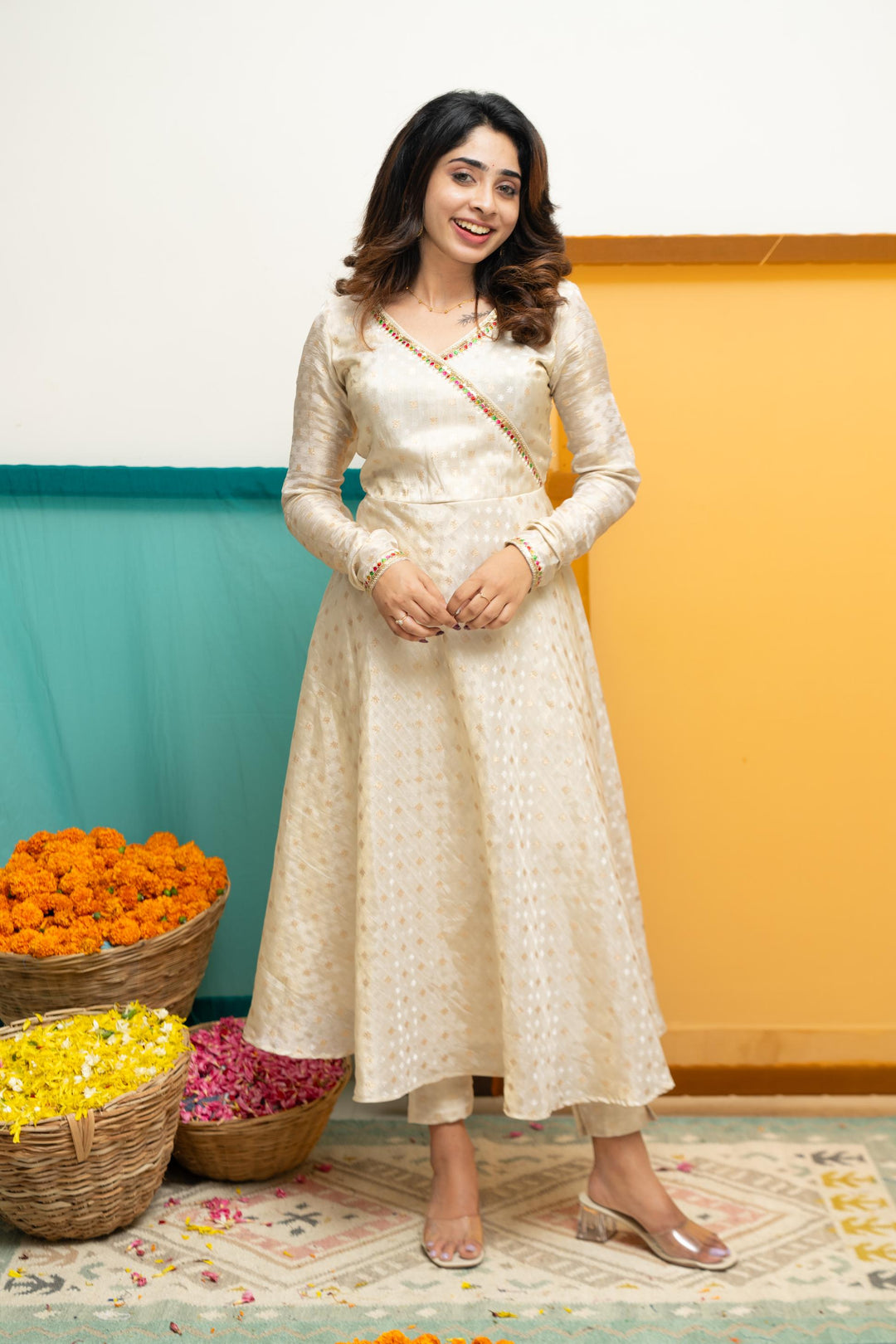 Savitha Ivory with Multi Color stripes dupatta | Shobitam Custom Gowns | Made To Order