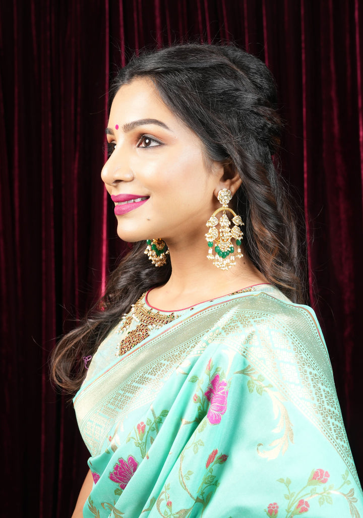 Jadau Chandbali Earrings with White Dainty Kundan stones and Green dangling beads | Shobitam Jewelry