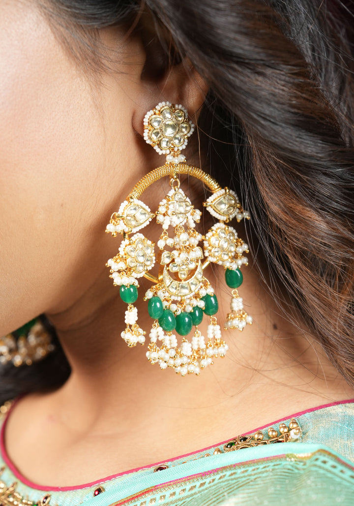 Jadau Chandbali Earrings with White Dainty Kundan stones and Green dangling beads | Shobitam Jewelry