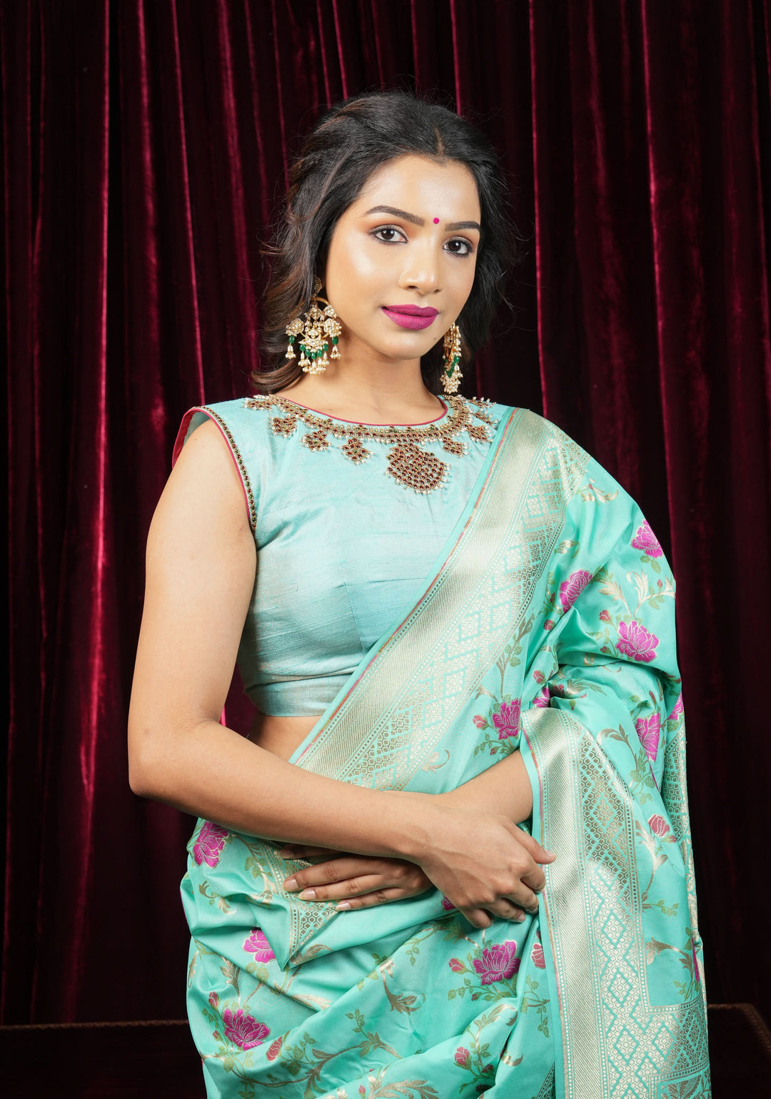 Mint Pure Raw Silk Blouse with Temple Jewelry Necklace Handwork detailing