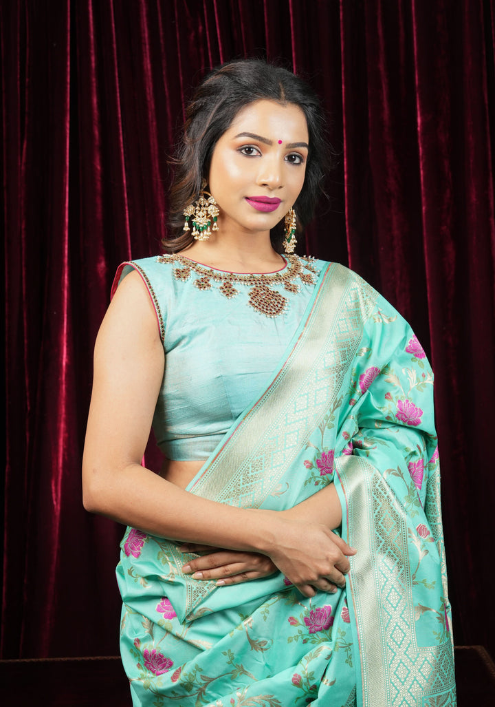Mint Pure Raw Silk Blouse with Temple Jewelry Necklace Handwork detailing
