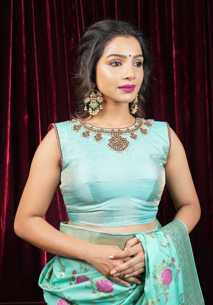 Mint Pure Raw Silk Blouse with Temple Jewelry Necklace Handwork detailing