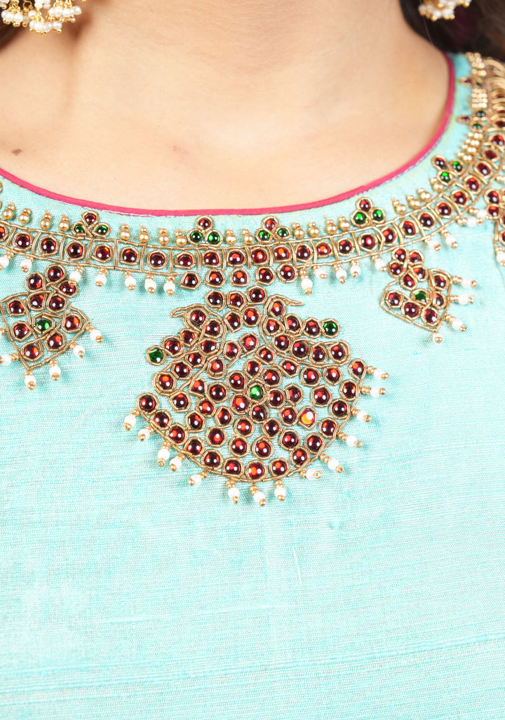 Mint Pure Raw Silk Blouse with Temple Jewelry Necklace Handwork detailing