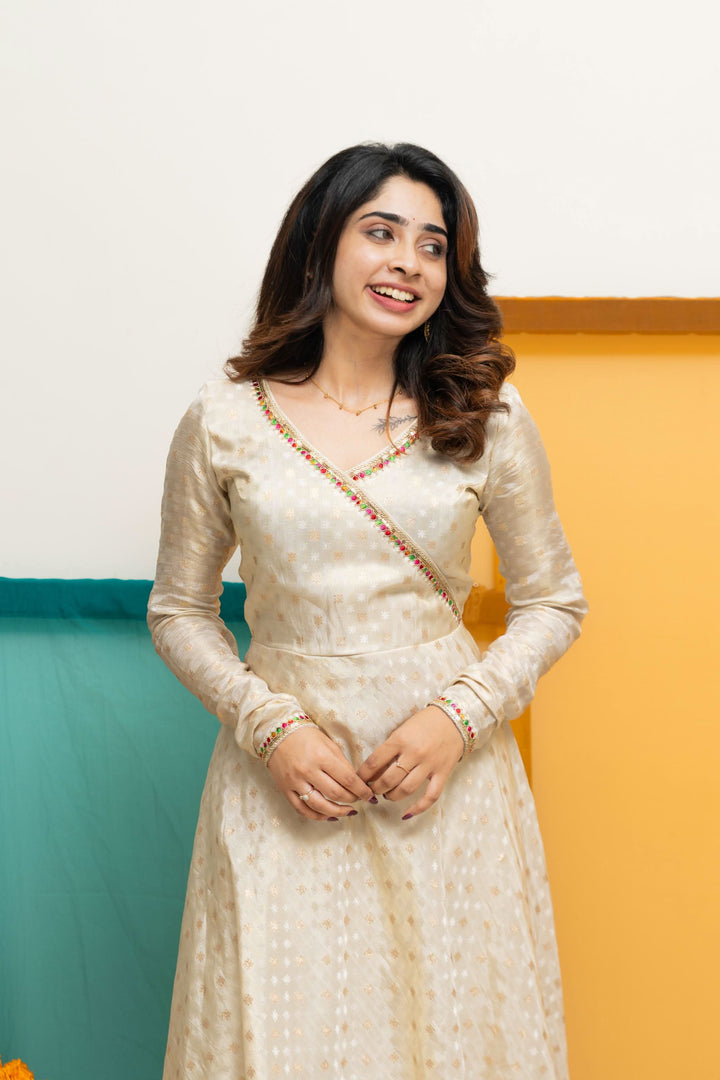 Savitha Ivory with Multi Color stripes dupatta | Shobitam Custom Gowns | Made To Order