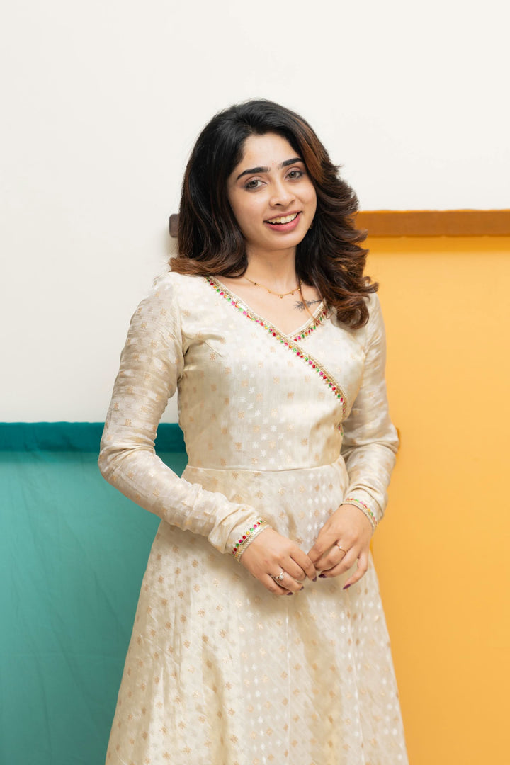 Savitha Ivory with Multi Color stripes dupatta | Shobitam Custom Gowns | Made To Order