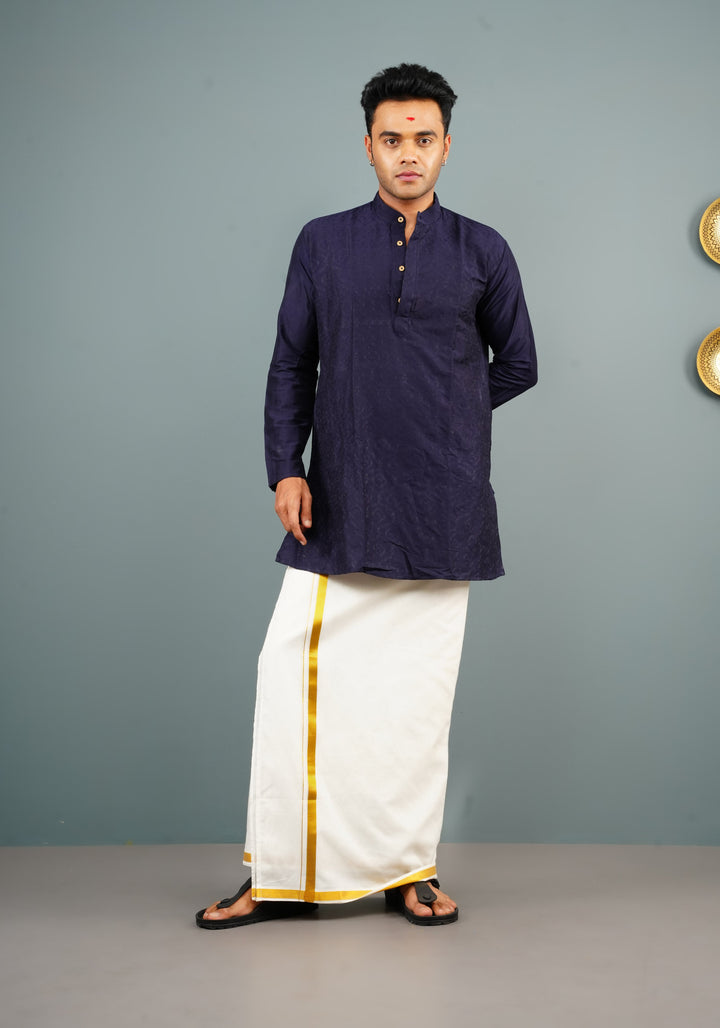 Blue Embroidered Cotton Blend Straight Kurta for Men