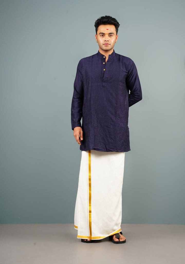 Blue Embroidered Cotton Blend Straight Kurta for Men