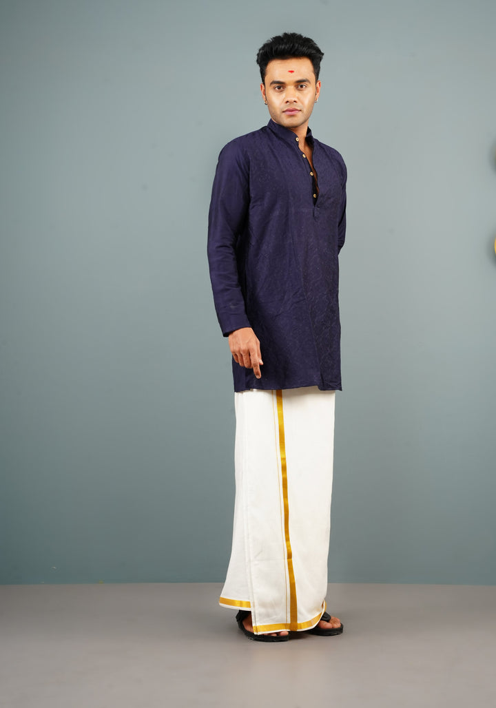 Blue Embroidered Cotton Blend Straight Kurta for Men