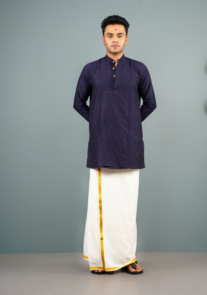 Blue Embroidered Cotton Blend Straight Kurta for Men