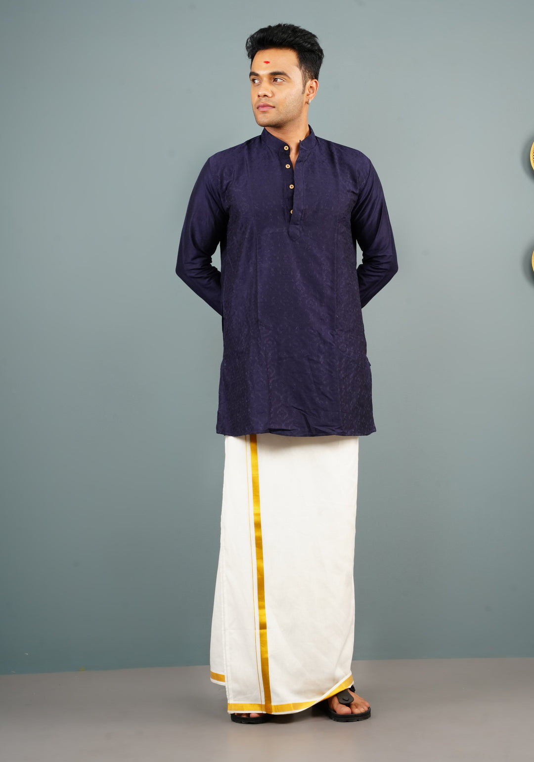 Blue Embroidered Cotton Blend Straight Kurta for Men