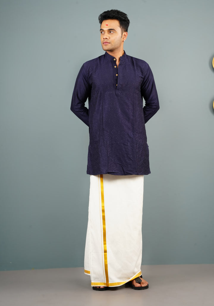 Blue Embroidered Cotton Blend Straight Kurta for Men