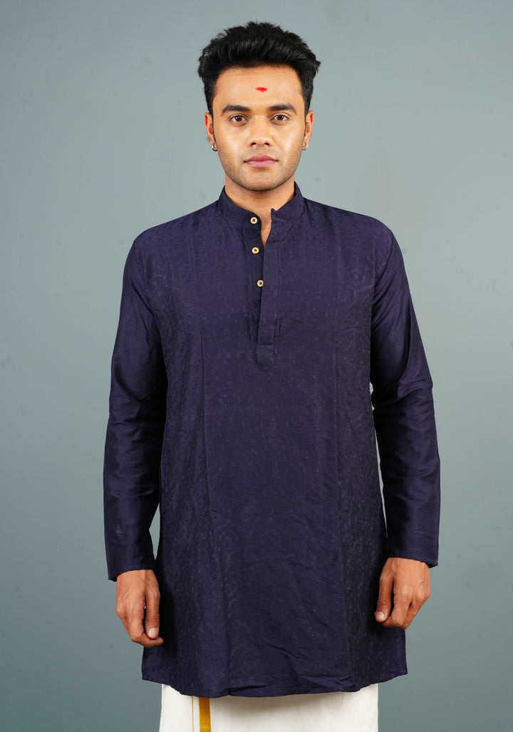 Blue Embroidered Cotton Blend Straight Kurta for Men
