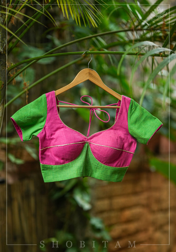 Choli Cut Pink and Green Handloom Cotton Blouse