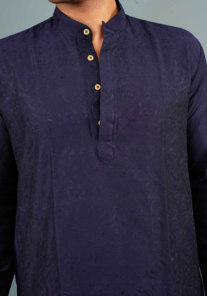 Blue Embroidered Cotton Blend Straight Kurta for Men