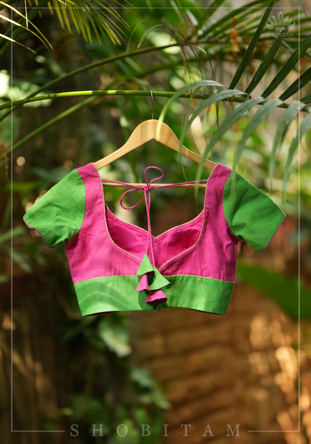Choli Cut Pink and Green Handloom Cotton Blouse