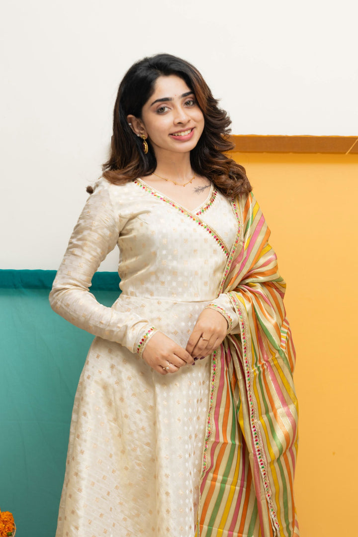 Savitha Ivory with Multi Color stripes dupatta | Shobitam Custom Gowns | Made To Order