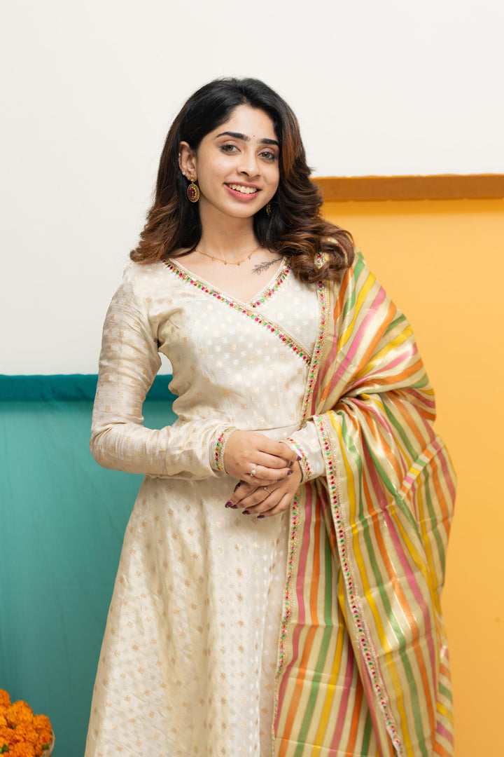 Savitha Ivory with Multi Color stripes dupatta | Shobitam Custom Gowns | Made To Order