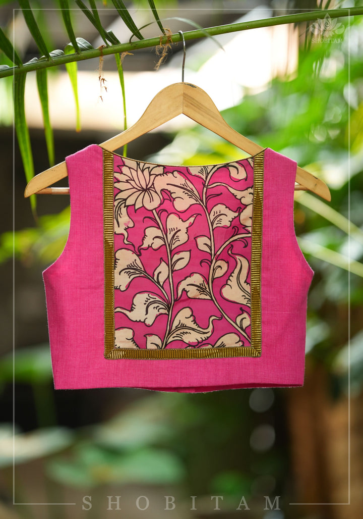 Pink handloom sleeveless Blouse with potli button detailing in front and Kalamkari applique in back | SHOBITAM