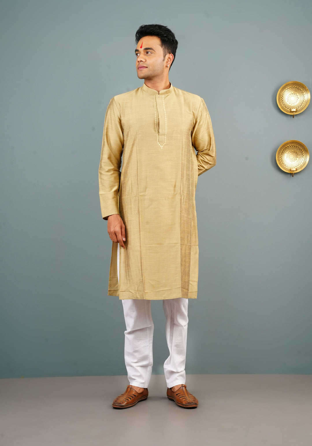Men's Cotton Blend Kurta Pyjama Set in dark beige