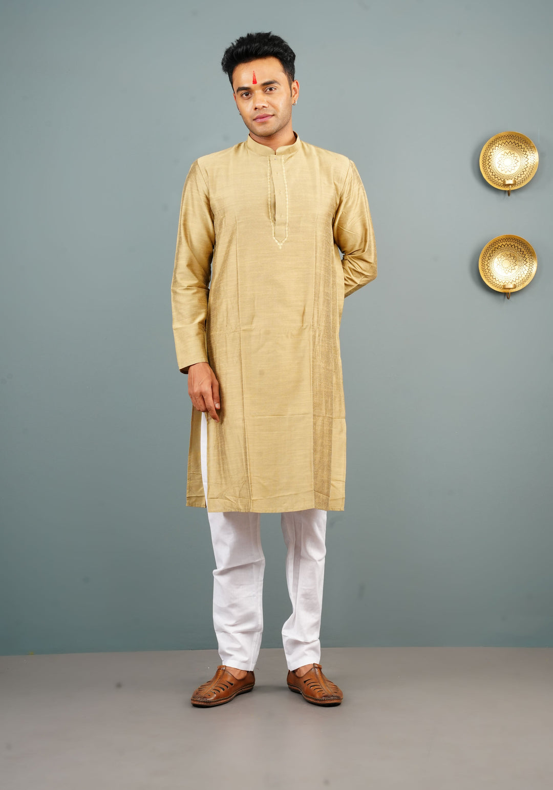 Men's Cotton Blend Kurta Pyjama Set in dark beige