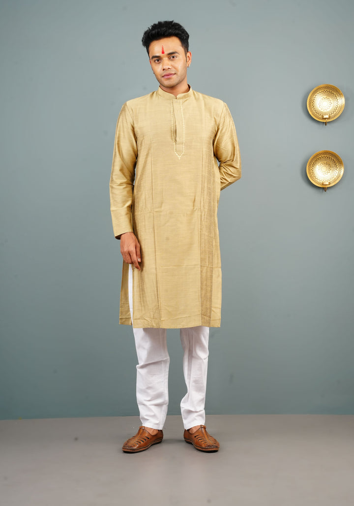 Men's Cotton Blend Kurta Pyjama Set in dark beige