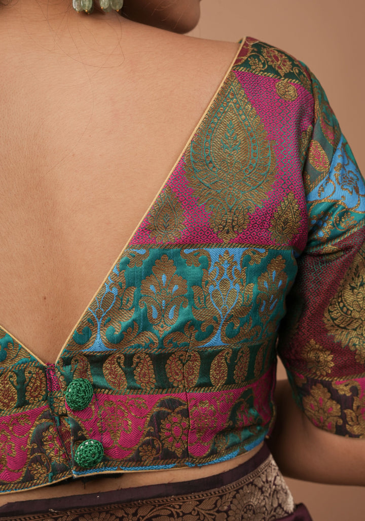 Banarasi multicolor Boat Neck Antique zari brocade Blouse | Made To Order