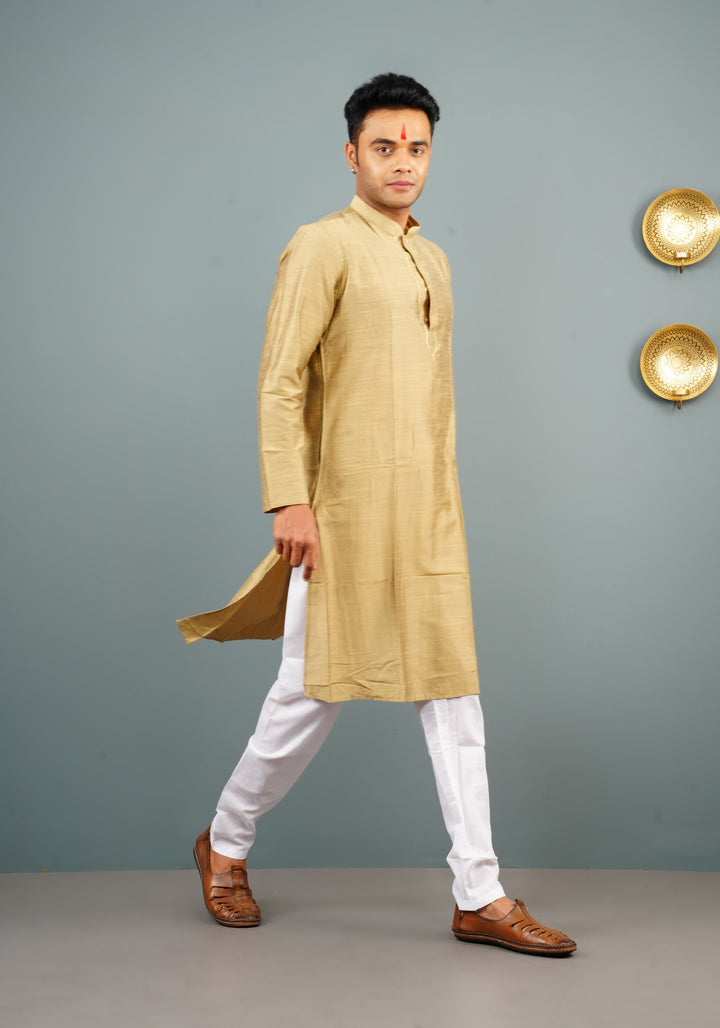 Men's Cotton Blend Kurta Pyjama Set in dark beige