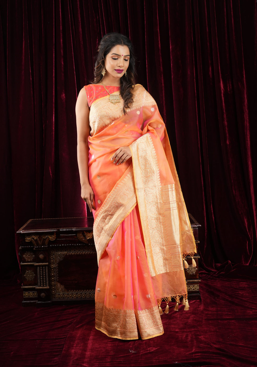 Pink Orange Pure Banarasi Kora Silk Organza Saree with Kadhuwa Weave and Sona RupaButtas  | SILK MARK CERTIFIED