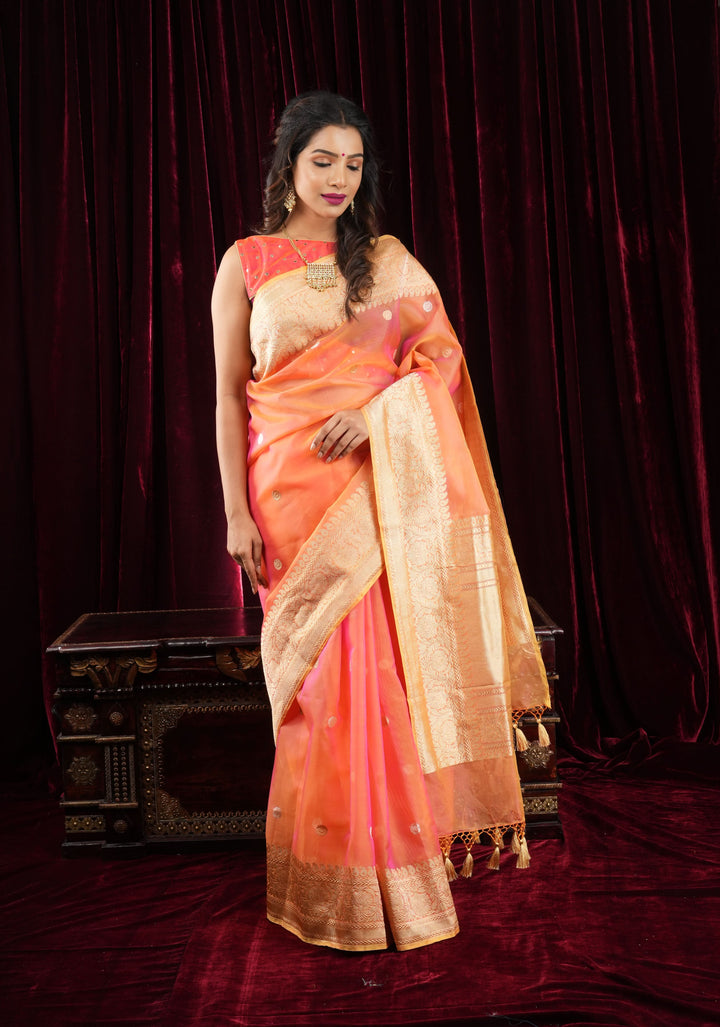 Pink Orange Pure Banarasi Kora Silk Organza Saree with Kadhuwa Weave and Sona RupaButtas  | SILK MARK CERTIFIED