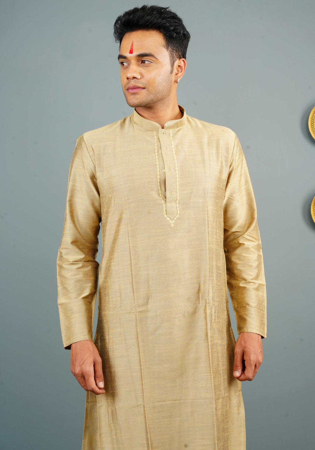 Men's Cotton Blend Kurta Pyjama Set in dark beige