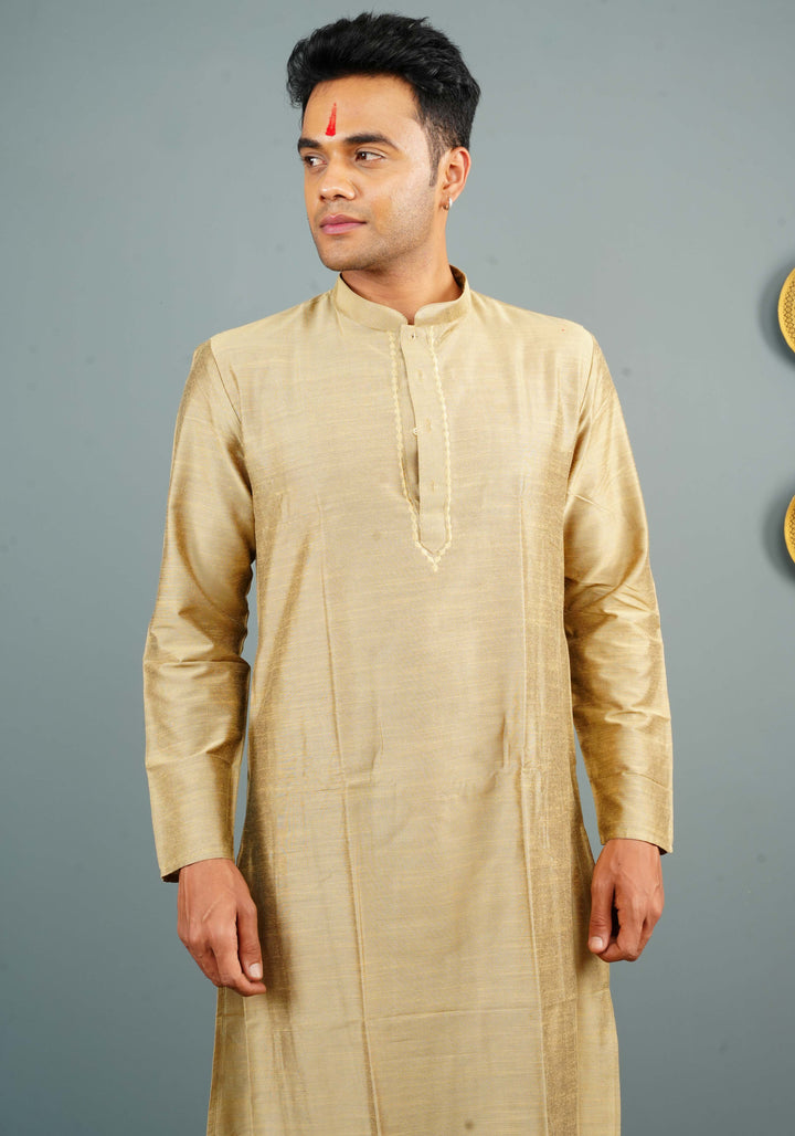 Men's Cotton Blend Kurta Pyjama Set in dark beige