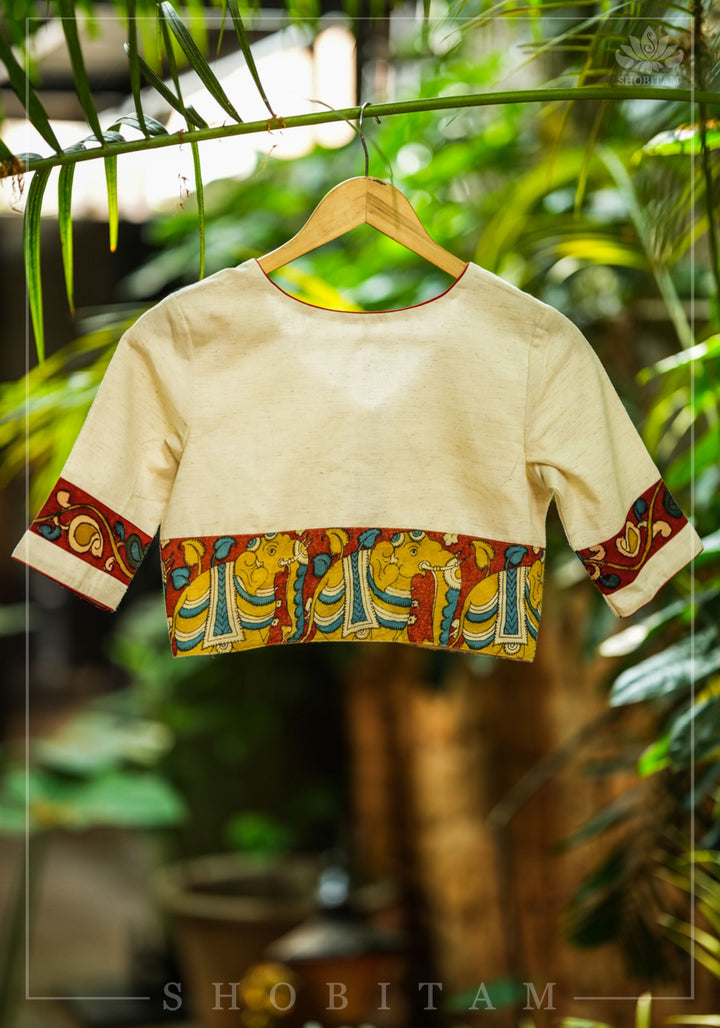 Daisy white V neck blouse with handpainted kalamkari border