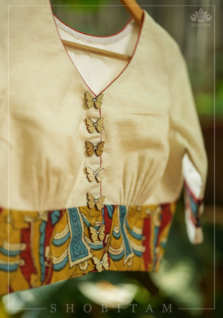 Daisy white V neck blouse with handpainted kalamkari border