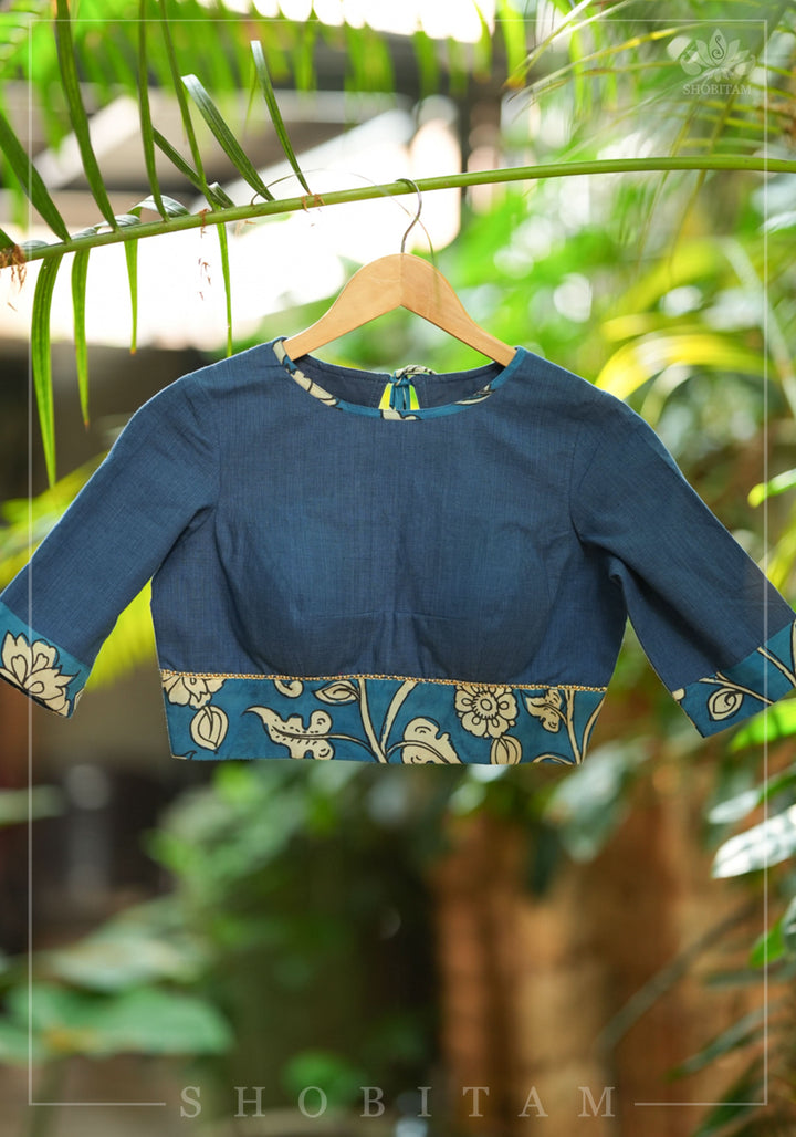 Saphire blue closed neck handloom blouse with handpainted kalamkari border