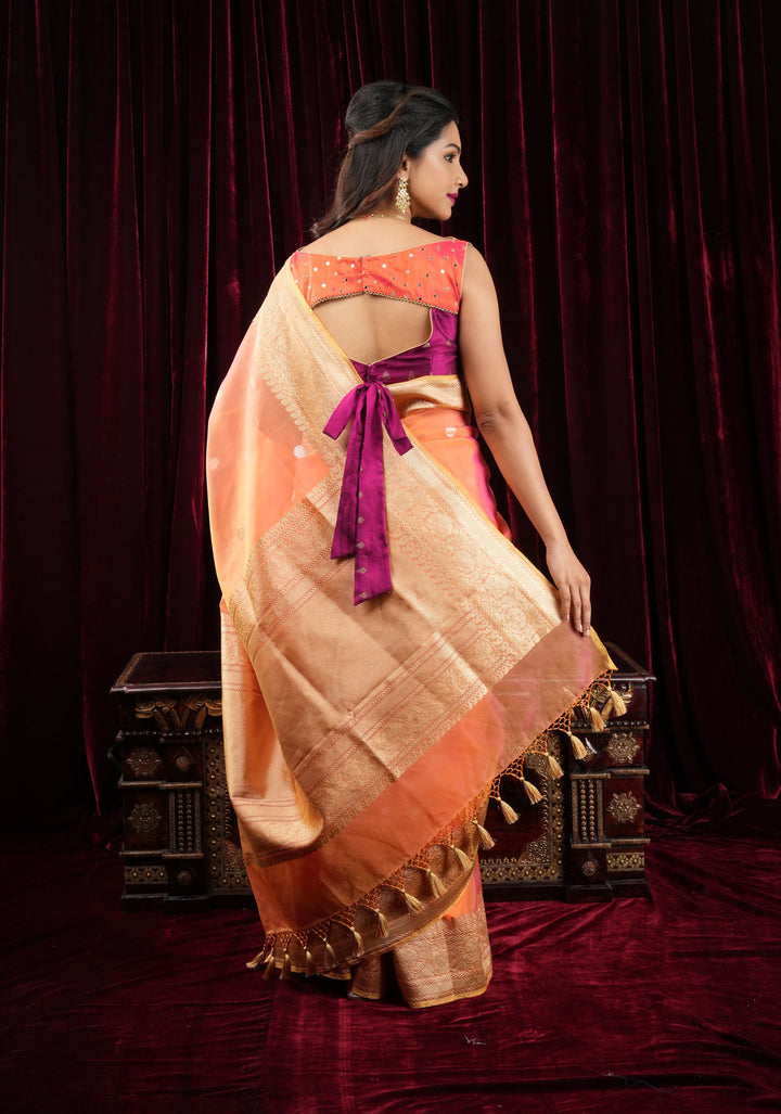 Pure Raw Silk Blouse with mirror disk Yoke and Tie back in Kesari Orange and Plum