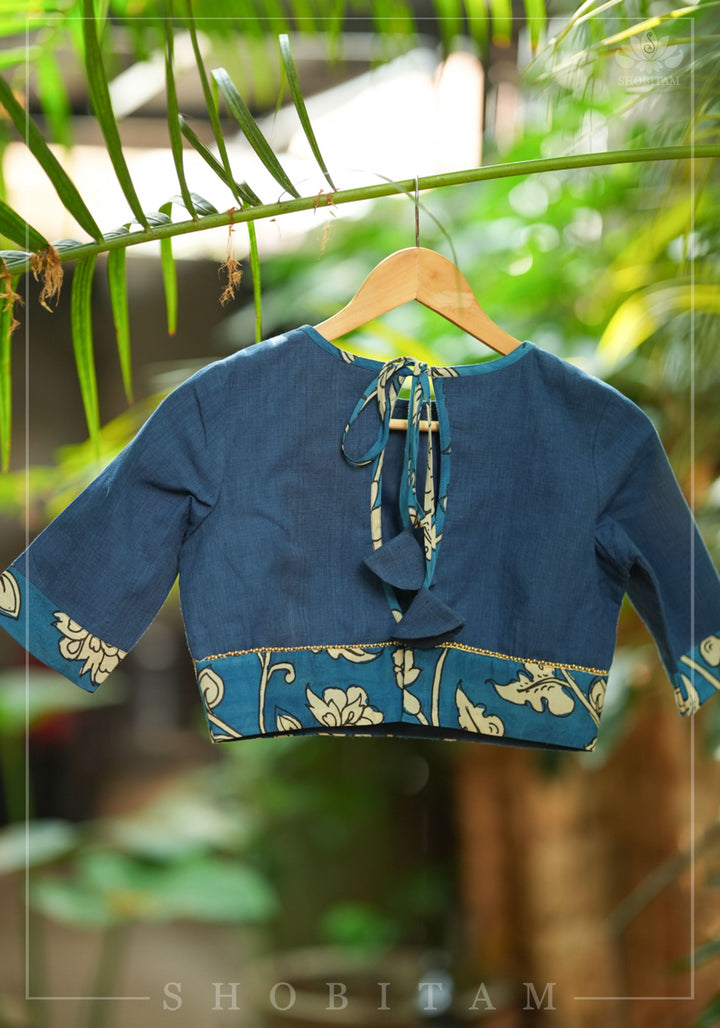 Saphire blue closed neck handloom blouse with handpainted kalamkari border