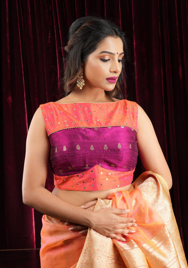 Pure Raw Silk Blouse with mirror disk Yoke and Tie back in Kesari Orange and Plum