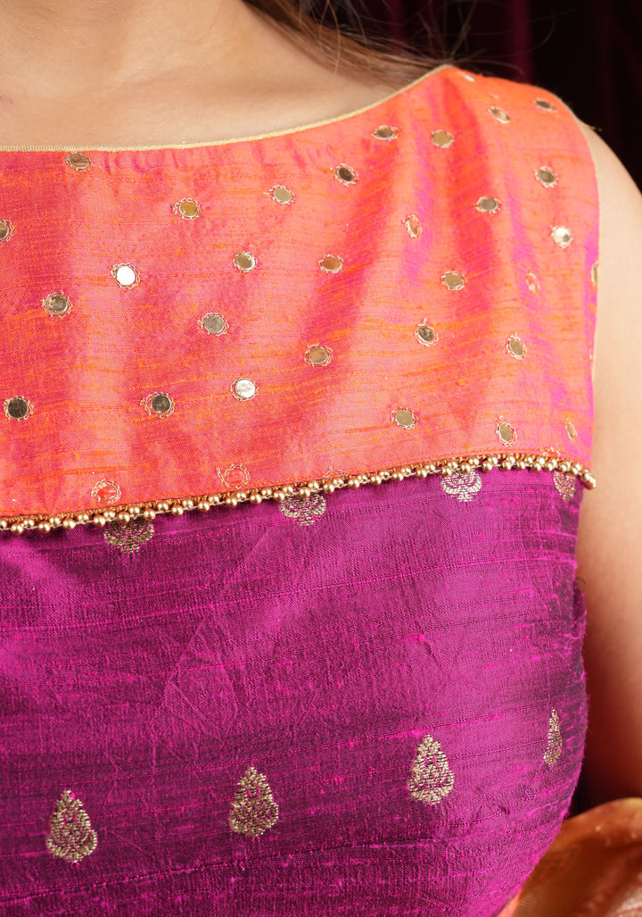 Pure Raw Silk Blouse with mirror disk Yoke and Tie back in Kesari Orange and Plum